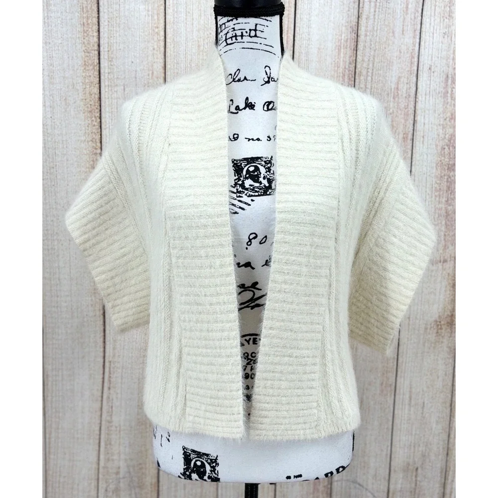 By Anthropologie Cream‎ Open Front Cocoon Cardigan M/L Fuzzy Soft Knit Sweater